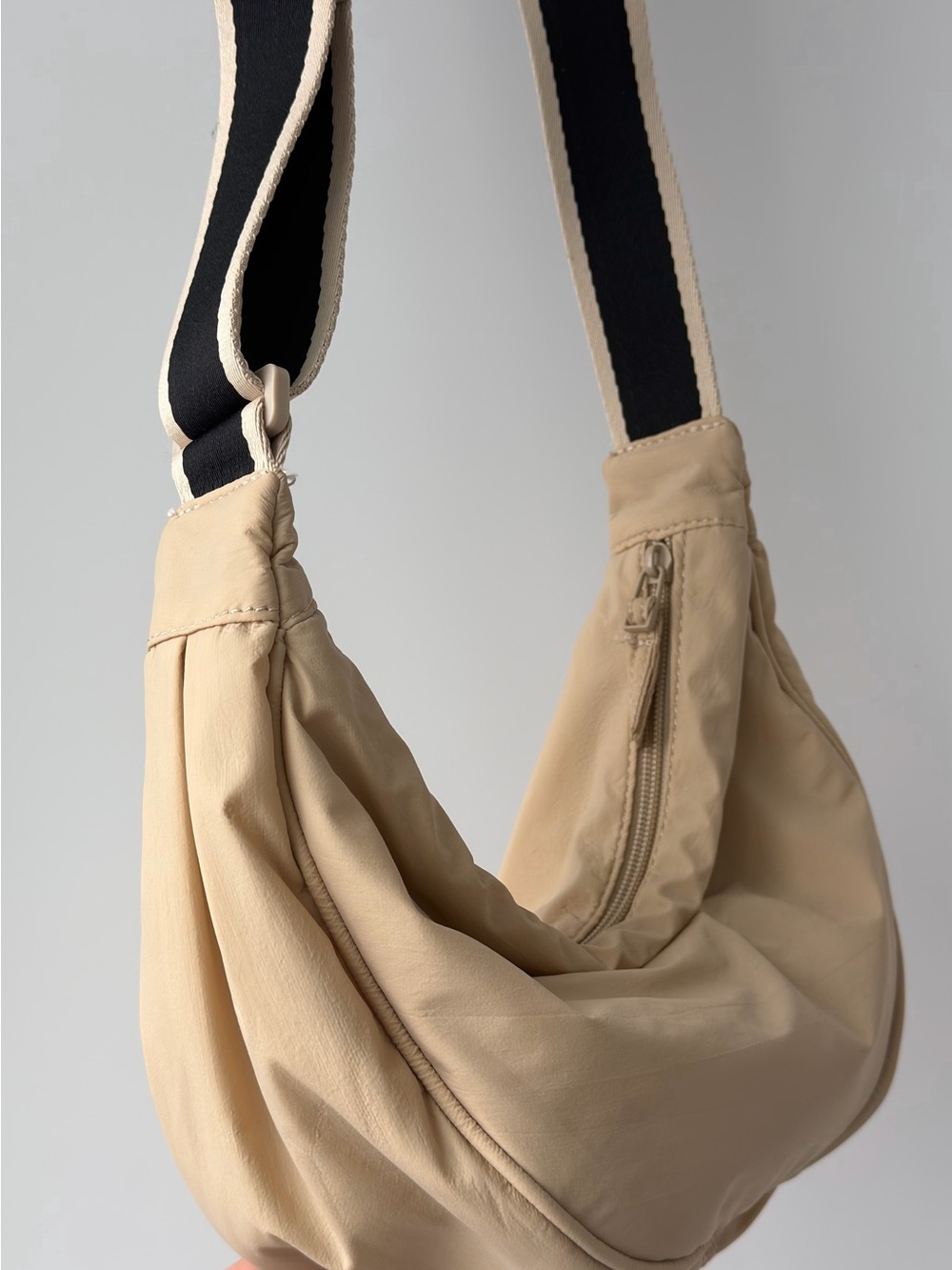 Beige Hobo Shoulder Bag with Contrast Strap